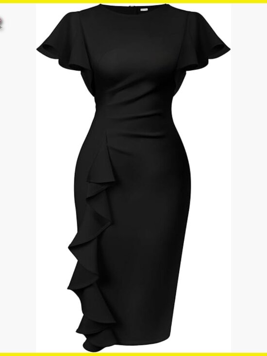 Dresses & Skirts - Vintage Ruffle Sleeve Bodycon Midi Dress Elegant Retro Work Formal Wear